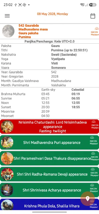 Day view for 8 May 2028 with several Vaishnava events
