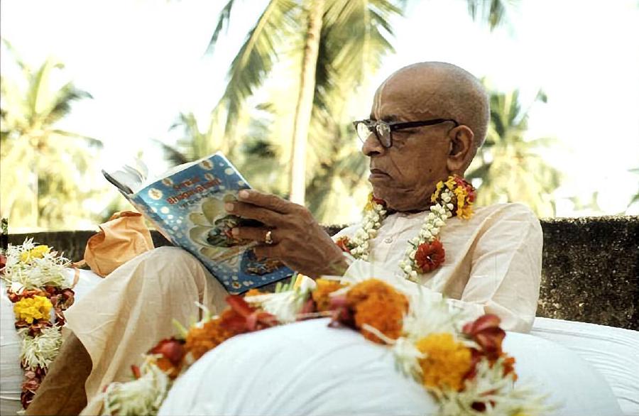 His Divine Grace A. C. Bhaktivedanta Swami Prabhupada reading a book